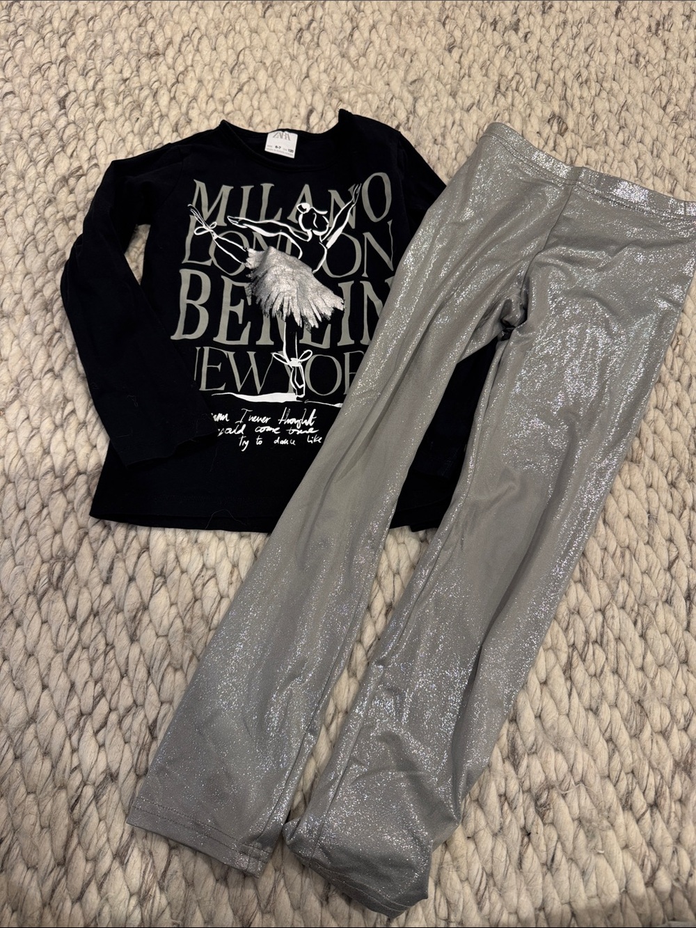 Zara Black Top & Shimmer Gray Leggings Kids Matching Set